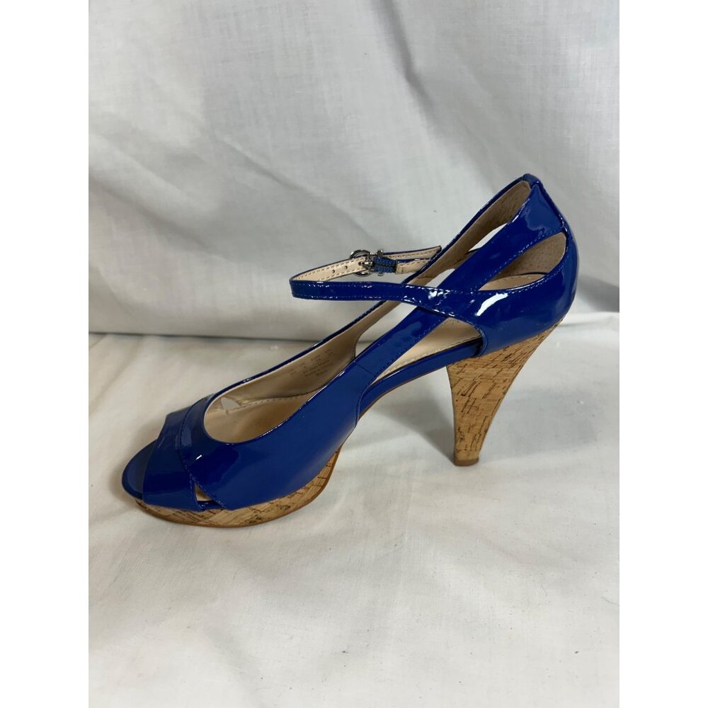 Franco Sarto Sulu Blue Patent Peep Toe Cork Heels Ankle Strap Shoes Women 8 - Picture 7 of 12